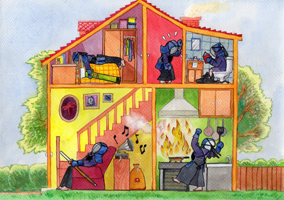 kendo family house illustration watercolor painting